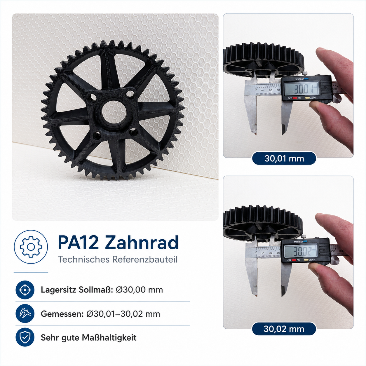 PA12-Zahnrad mit Mehrbildansicht und Maßdarstellung der zentralen Passung
